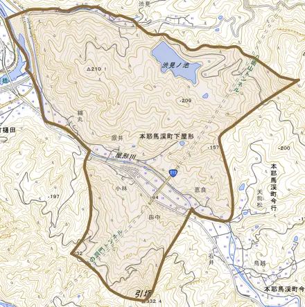 本耶馬渓町下屋形とその周辺の地図。町の範囲を重ねている