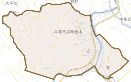 本耶馬渓町曽木とその周辺の地図。町の範囲を重ねている