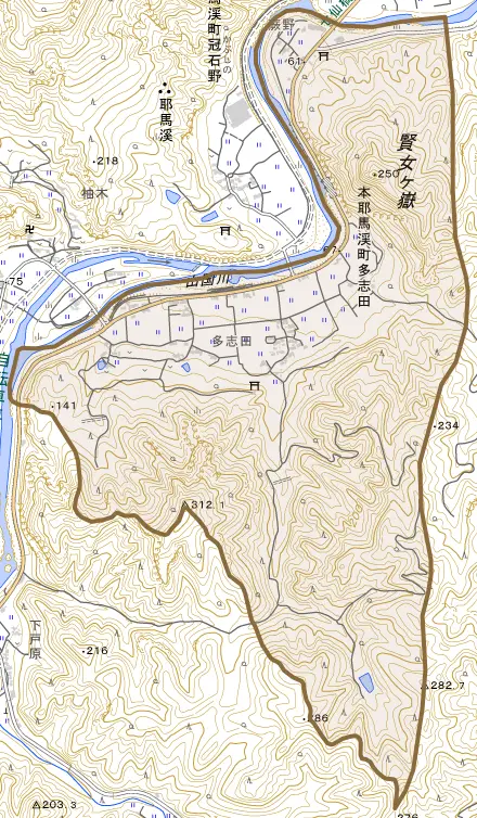 本耶馬渓町多志田とその周辺の地図。町の範囲を重ねている