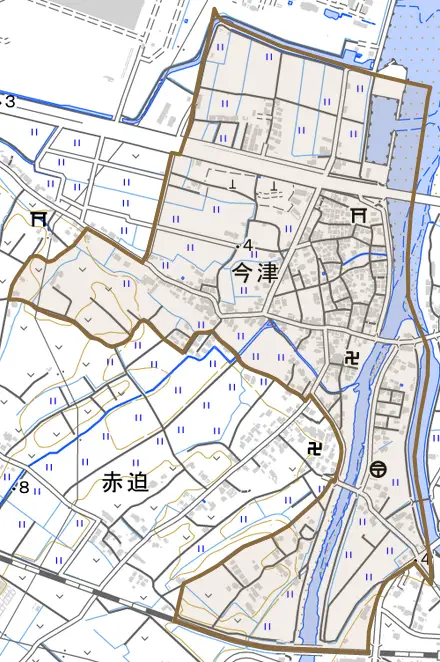 大字今津とその周辺の地図。町の範囲を重ねている