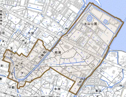 大字蛎瀬とその周辺の地図。町の範囲を重ねている