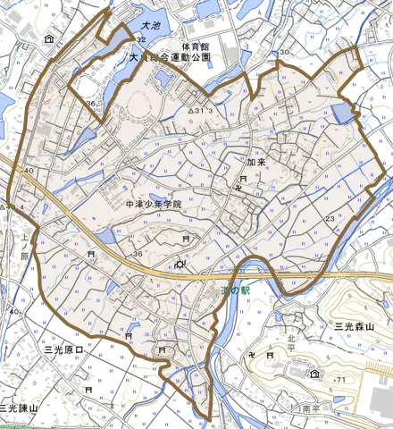 大字加来とその周辺の地図。町の範囲を重ねている