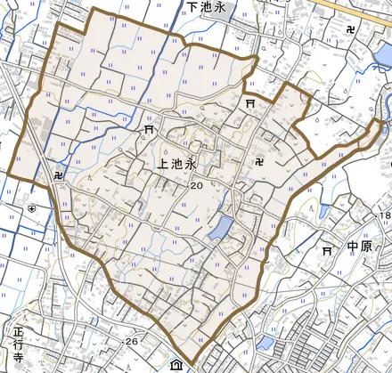 大字上池永とその周辺の地図。町の範囲を重ねている