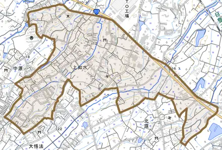 大字上如水とその周辺の地図。町の範囲を重ねている