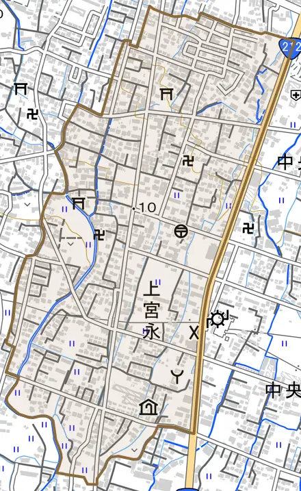 大字上宮永とその周辺の地図。町の範囲を重ねている