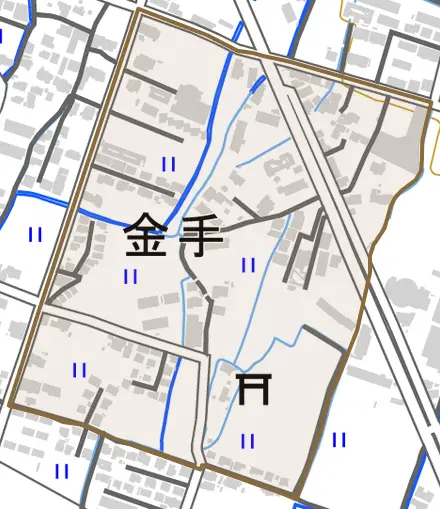 大字金手とその周辺の地図。町の範囲を重ねている