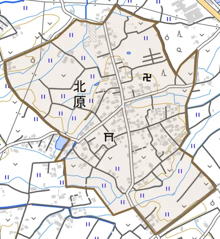 大字北原とその周辺の地図。町の範囲を重ねている