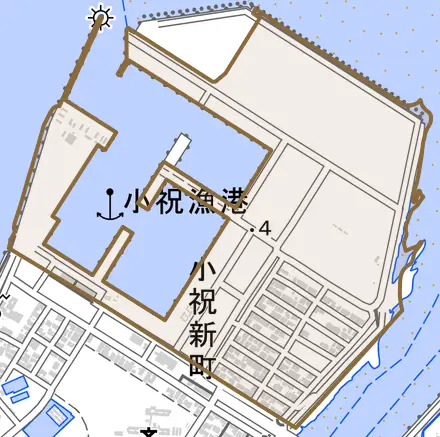 小祝新町とその周辺の地図。町の範囲を重ねている