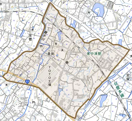 大字是則とその周辺の地図。町の範囲を重ねている