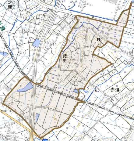 大字諸田とその周辺の地図。町の範囲を重ねている