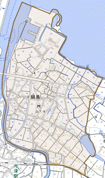 大字鍋島とその周辺の地図。町の範囲を重ねている
