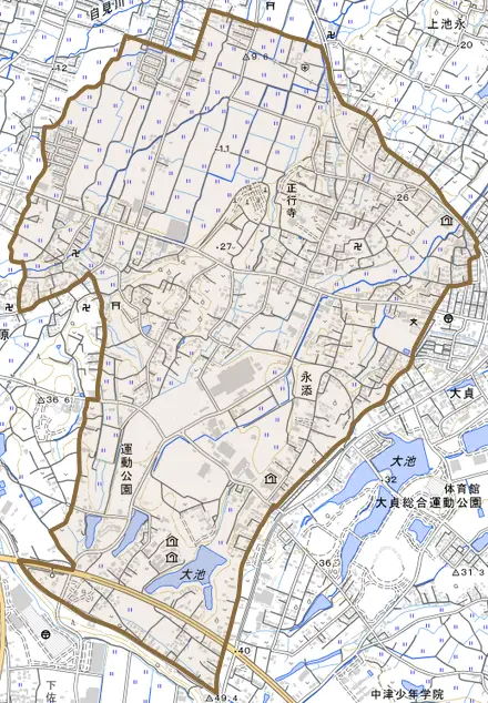大字永添とその周辺の地図。町の範囲を重ねている