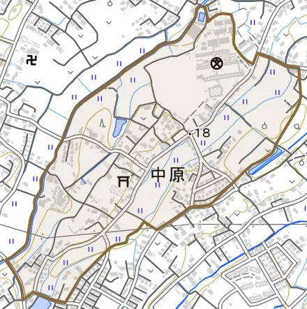 大字中原とその周辺の地図。町の範囲を重ねている