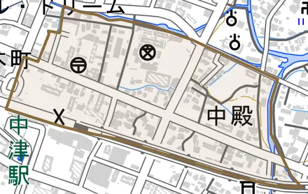 大字中殿とその周辺の地図。町の範囲を重ねている