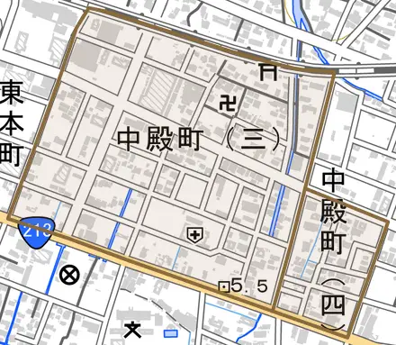 中殿町とその周辺の地図。町の範囲を重ねている