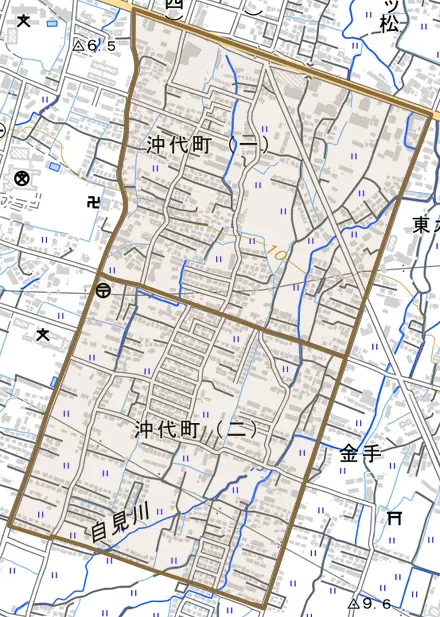 沖代町とその周辺の地図。町の範囲を重ねている