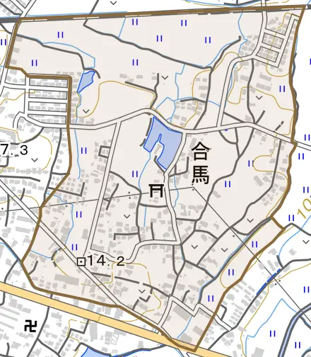 大字合馬とその周辺の地図。町の範囲を重ねている