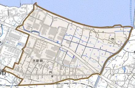 大字大新田とその周辺の地図。町の範囲を重ねている
