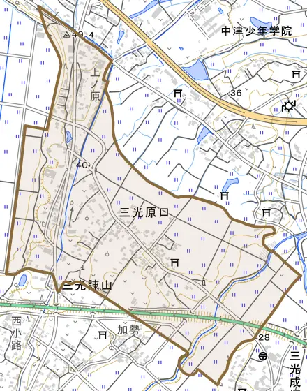 三光原口とその周辺の地図。町の範囲を重ねている