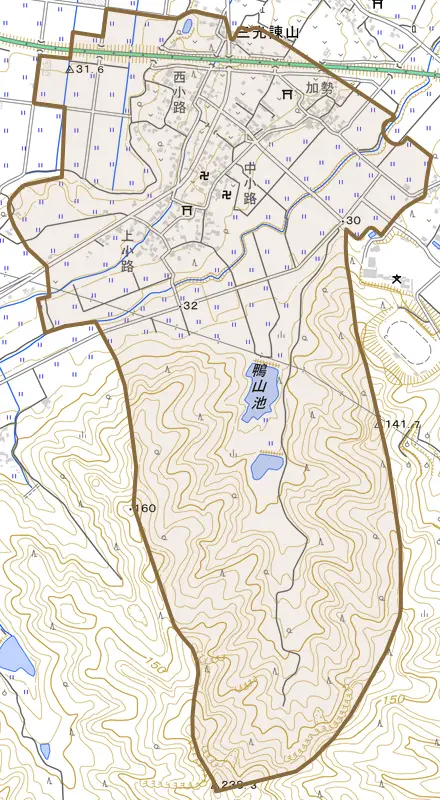 三光諌山とその周辺の地図。町の範囲を重ねている