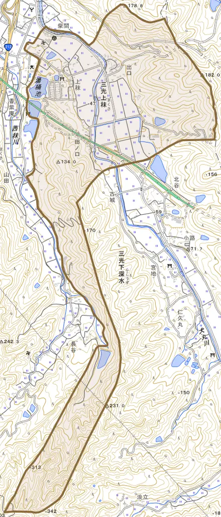 三光上秣とその周辺の地図。町の範囲を重ねている