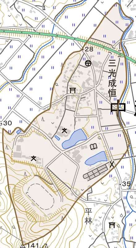 三光成恒とその周辺の地図。町の範囲を重ねている