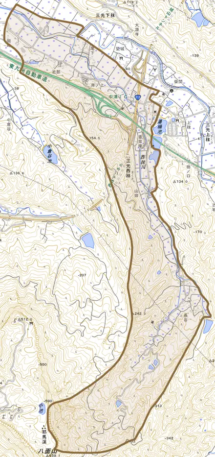 三光西秣とその周辺の地図。町の範囲を重ねている
