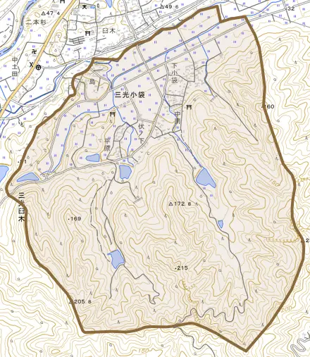 三光小袋とその周辺の地図。町の範囲を重ねている