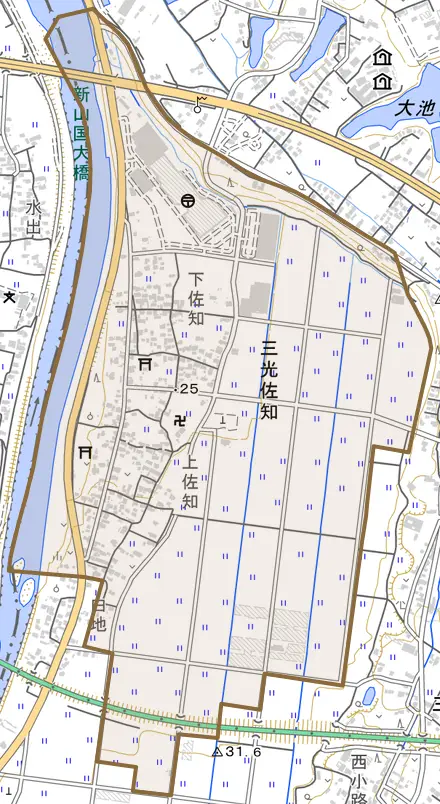 三光佐知とその周辺の地図。町の範囲を重ねている