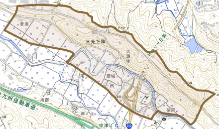 三光下秣とその周辺の地図。町の範囲を重ねている