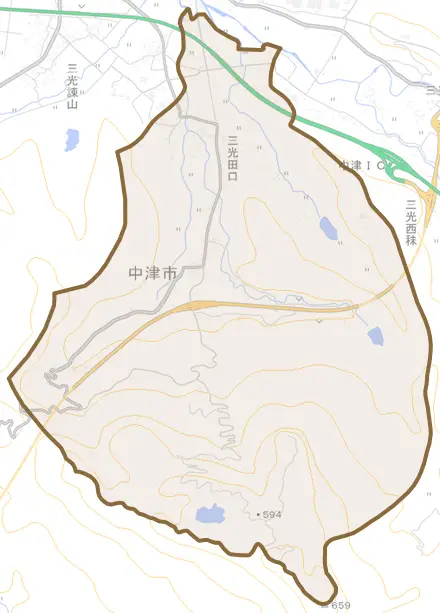 三光田口とその周辺の地図。町の範囲を重ねている