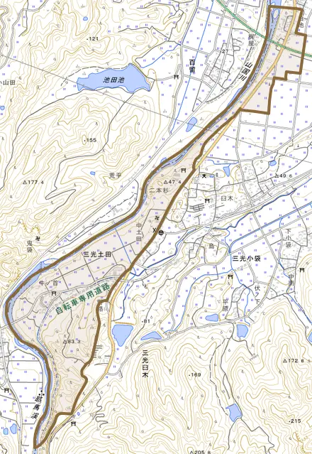 三光土田とその周辺の地図。町の範囲を重ねている