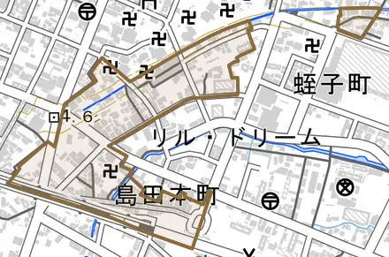大字島田とその周辺の地図。町の範囲を重ねている
