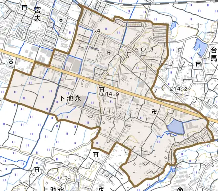 大字下池永とその周辺の地図。町の範囲を重ねている