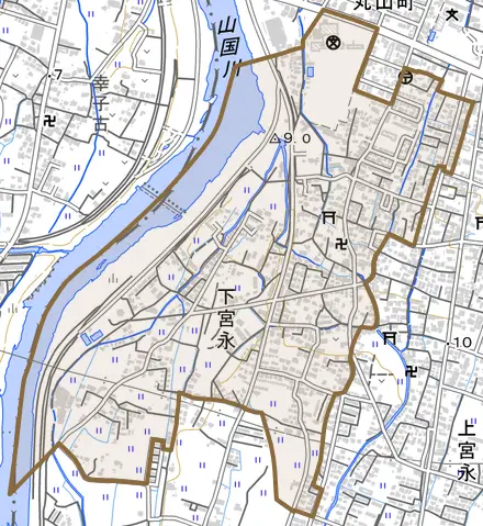 大字下宮永とその周辺の地図。町の範囲を重ねている