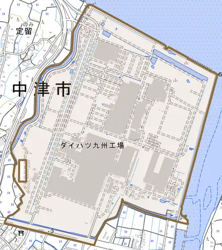 大字昭和新田とその周辺の地図。町の範囲を重ねている
