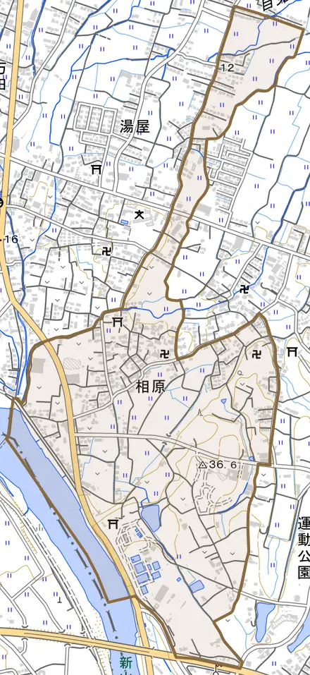 大字相原とその周辺の地図。町の範囲を重ねている