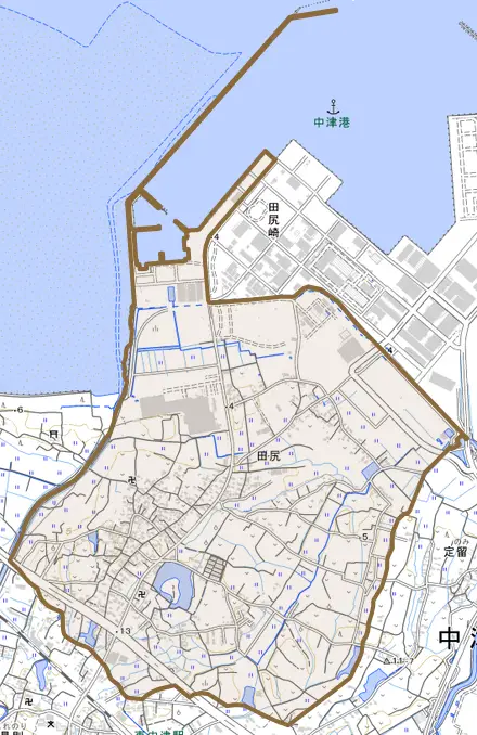 大字田尻とその周辺の地図。町の範囲を重ねている
