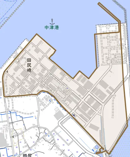 大字田尻崎とその周辺の地図。町の範囲を重ねている