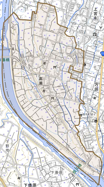 大字高瀬とその周辺の地図。町の範囲を重ねている