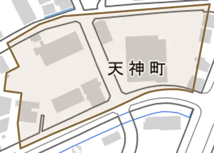 天神町とその周辺の地図。町の範囲を重ねている