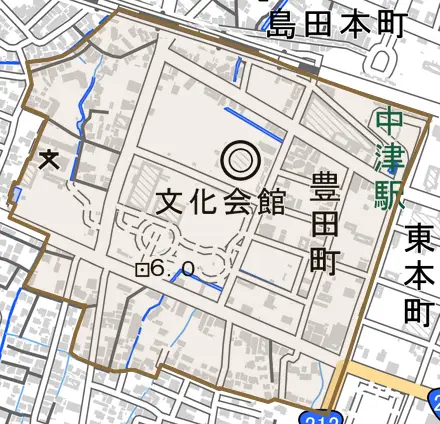 豊田町とその周辺の地図。町の範囲を重ねている