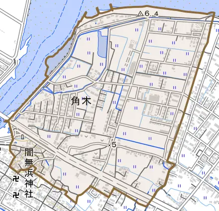 大字角木とその周辺の地図。町の範囲を重ねている