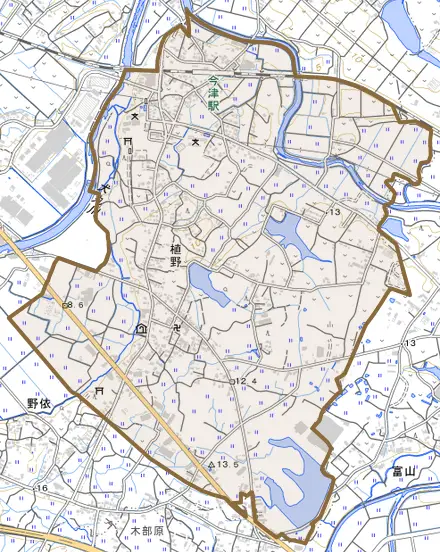 大字植野とその周辺の地図。町の範囲を重ねている