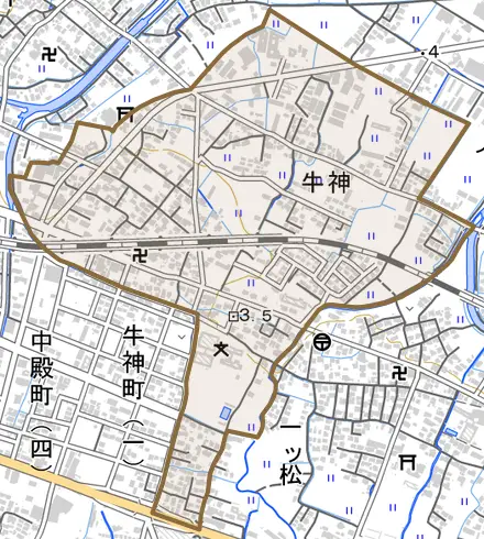 大字牛神とその周辺の地図。町の範囲を重ねている