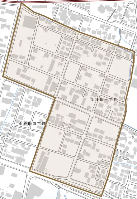 牛神町とその周辺の地図。町の範囲を重ねている