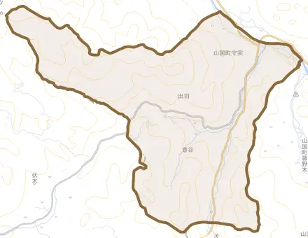 山国町守実とその周辺の地図。町の範囲を重ねている