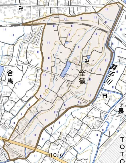 大字全徳とその周辺の地図。町の範囲を重ねている