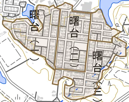 曙台とその周辺の地図。町の範囲を重ねている