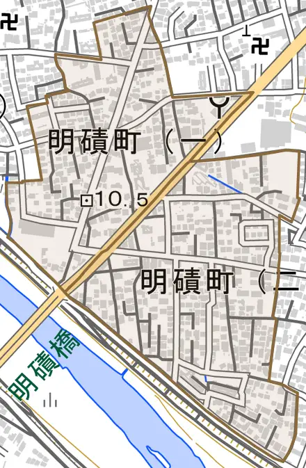 明磧町とその周辺の地図。町の範囲を重ねている